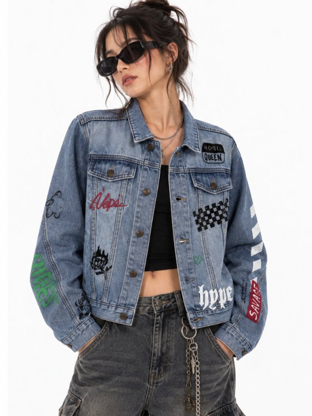 Rue21 Denim Jacket Womens M Cropped Graffiti Graphic Y2K Streetwear Grunge Retro
